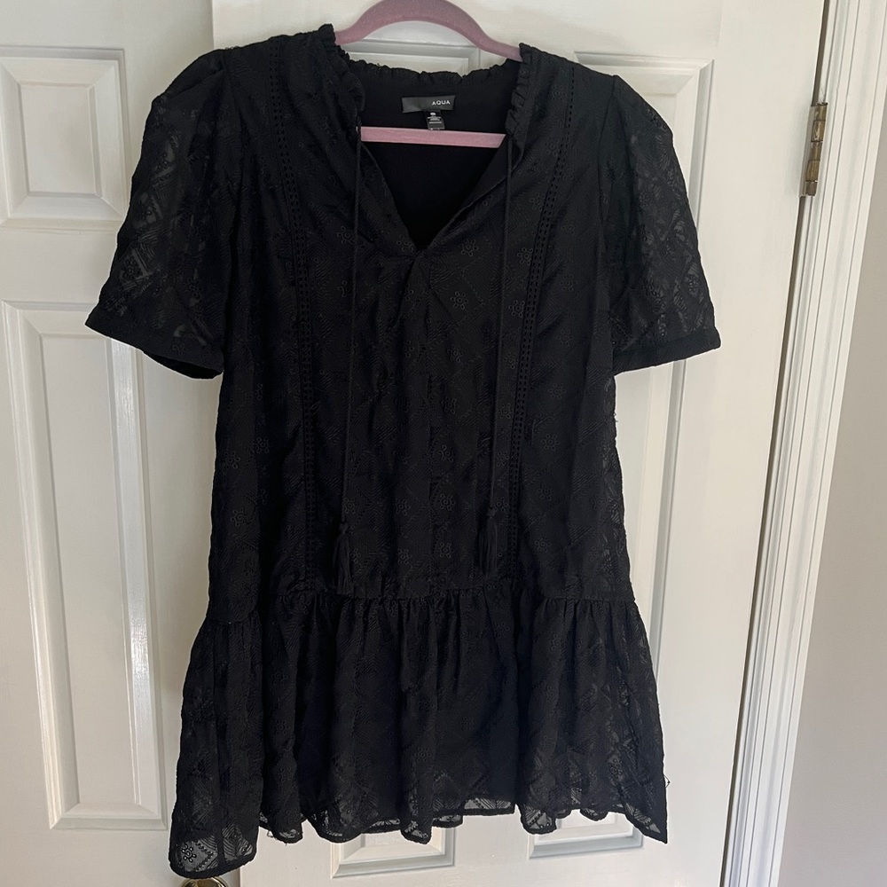 Black Embroidered ruffle Aqua Mini dress with tie neck detail size: M tiered